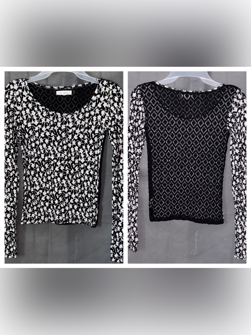 Aeropostale Shirts Women's Size XS Black Long Sleeve Crew Neck Floral Lace Back